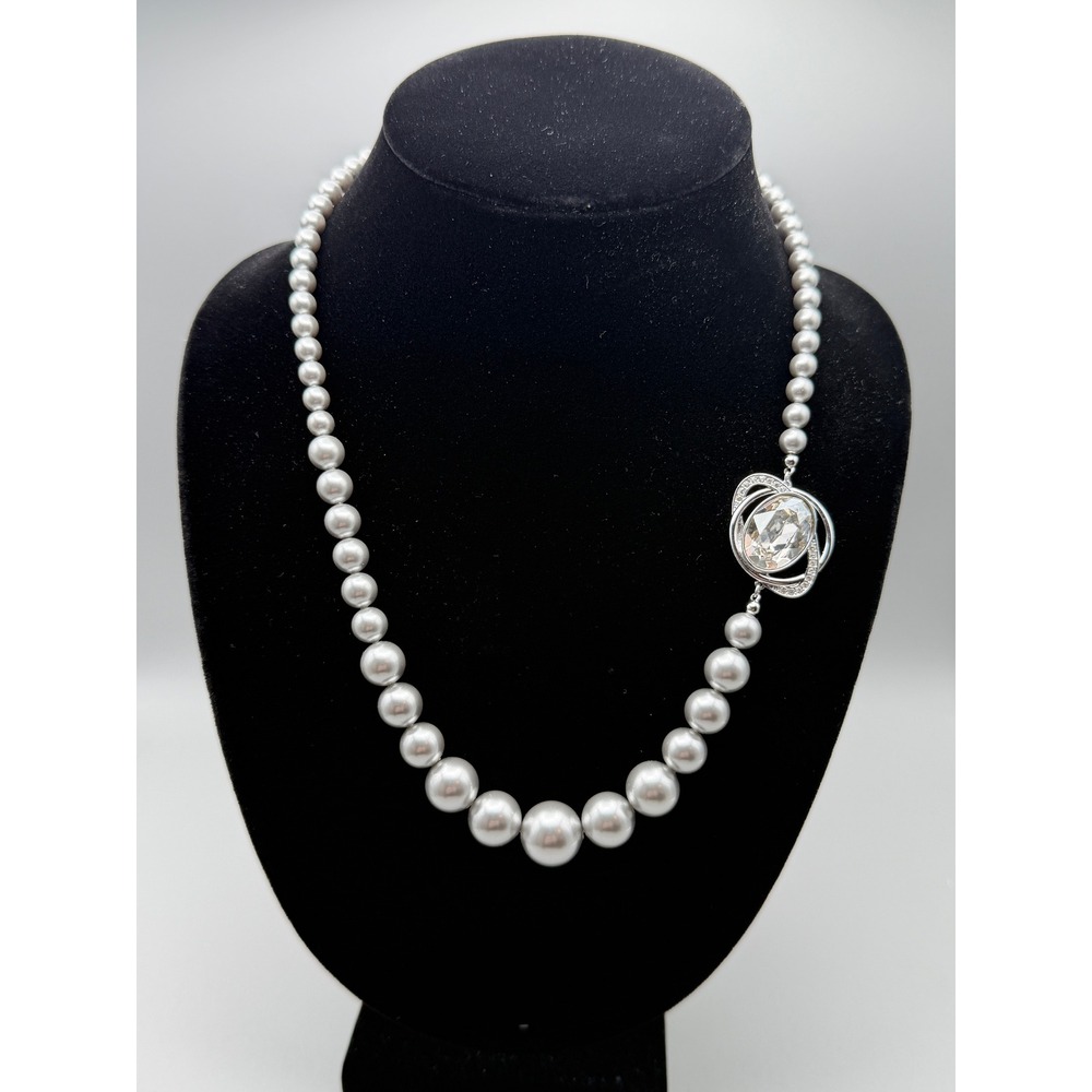 Rare Retired Swarovski Crystal Faux Pearl Statement Necklace Swan Signed #1148